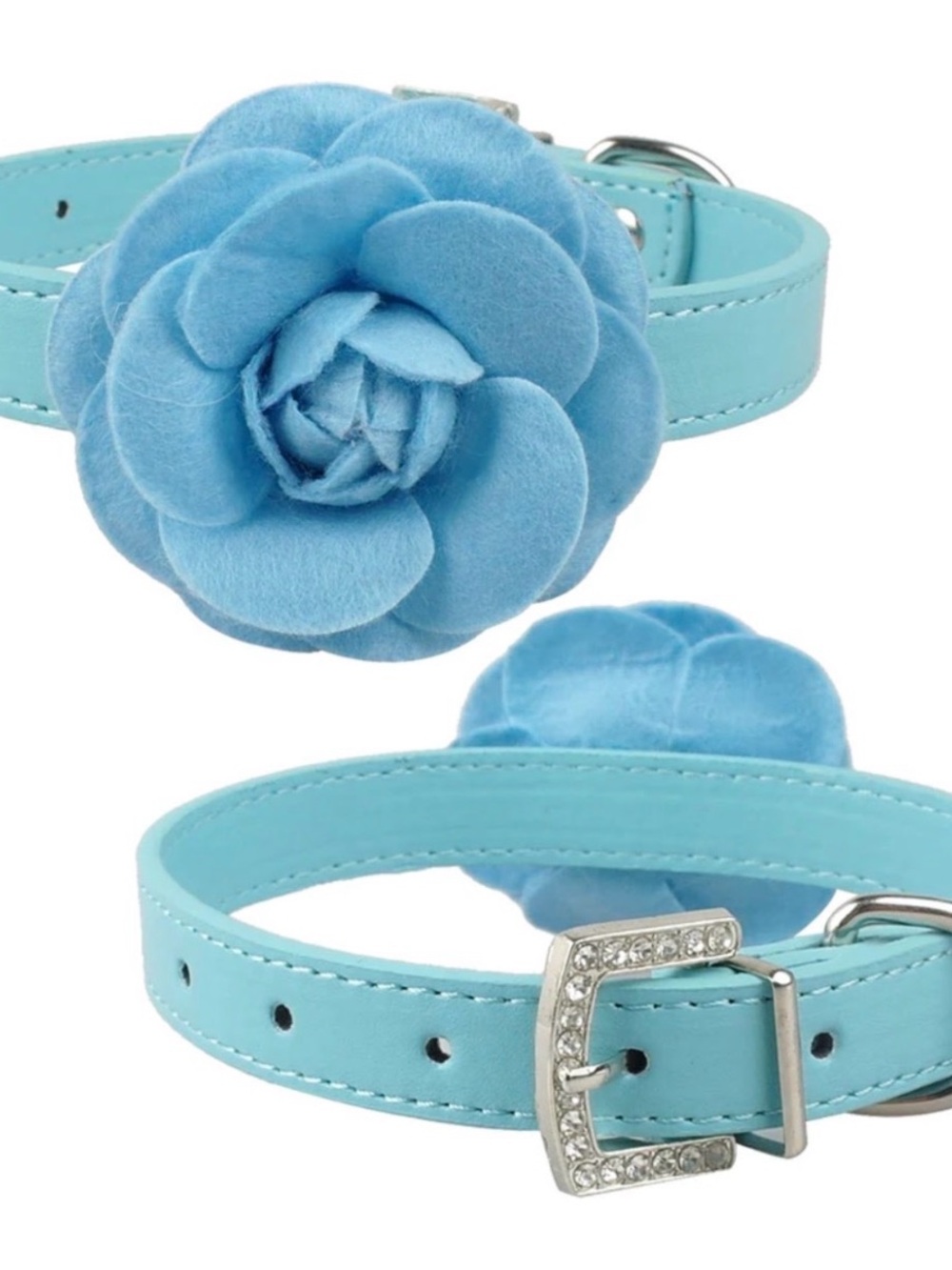 Light Blue Floral Accent Pet Collar with Crystal Buckle